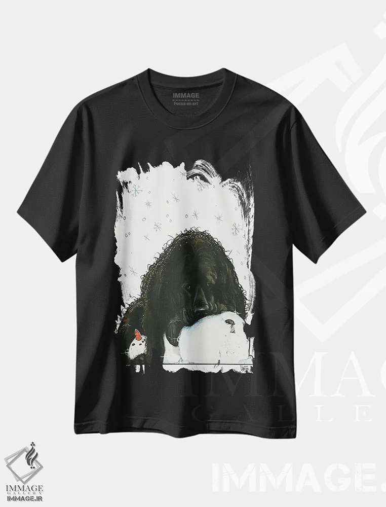 تیشرت مشکی طرح دار نیوفاندلند عاشق برف اثر کاریکاتورهای سگ | فروشگاه ایماژ
