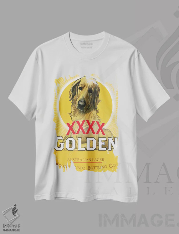 تیشرت سفید طرح دار آبجوی طلایی XXXX استرالیایی اثر کاریکاتورهای سگ | فروشگاه ایماژ