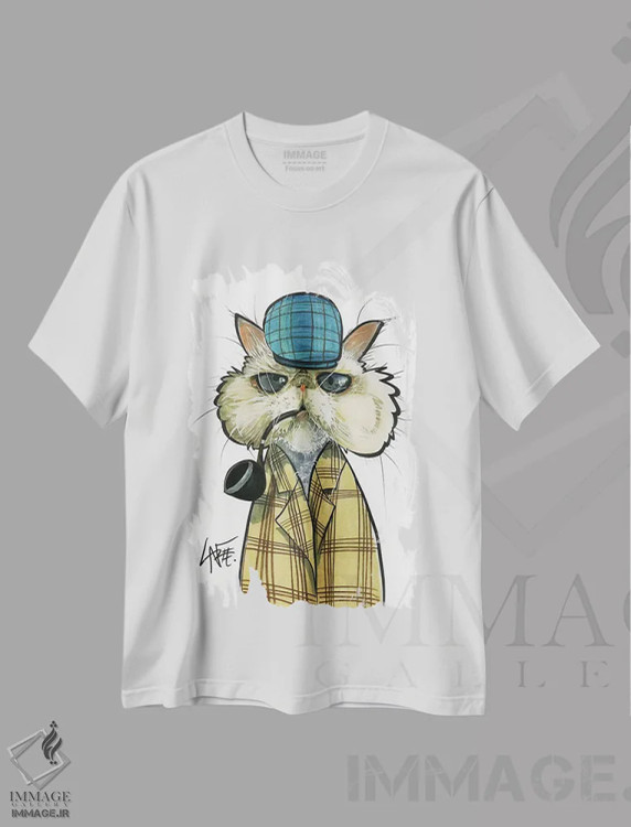 تیشرت سفید طرح دار گربه کارآگاه اثر کاریکاتورهای سگ | فروشگاه ایماژ