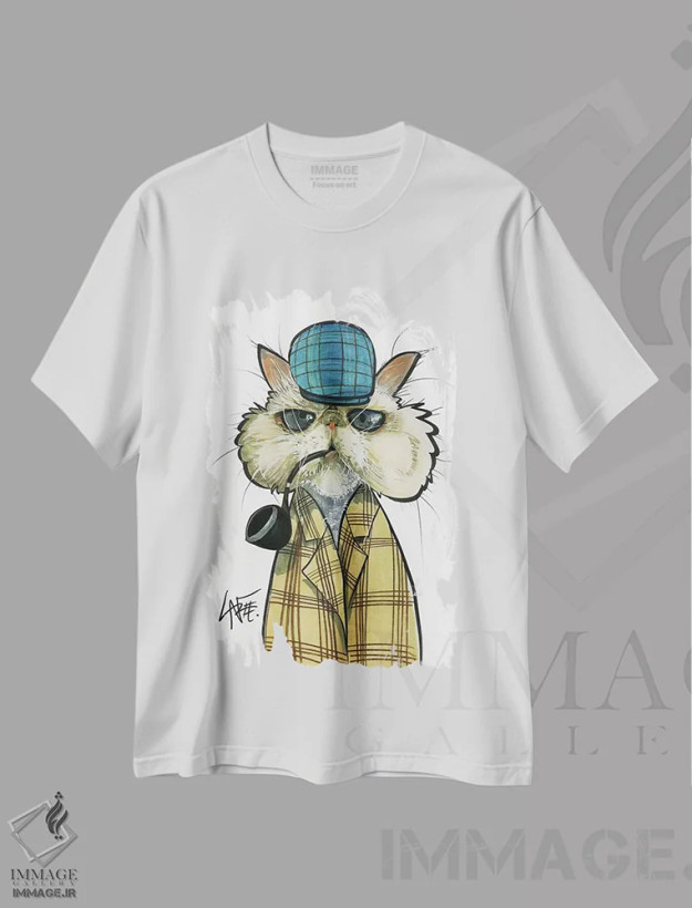 تیشرت سفید طرح دار گربه کارآگاه اثر کاریکاتورهای سگ | فروشگاه ایماژ