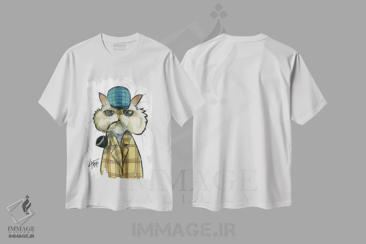 تیشرت سفید طرح دار گربه کارآگاه اثر کاریکاتورهای سگ | فروشگاه ایماژ