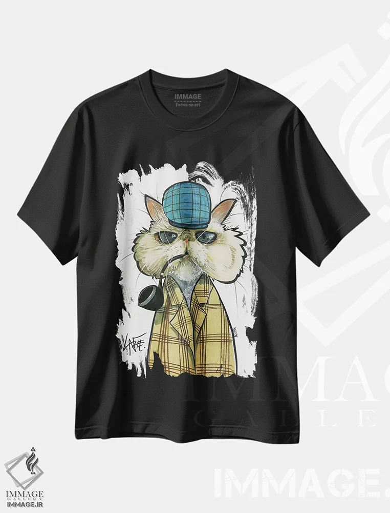 تیشرت مشکی طرح دار گربه کارآگاه اثر کاریکاتورهای سگ | immage.ir