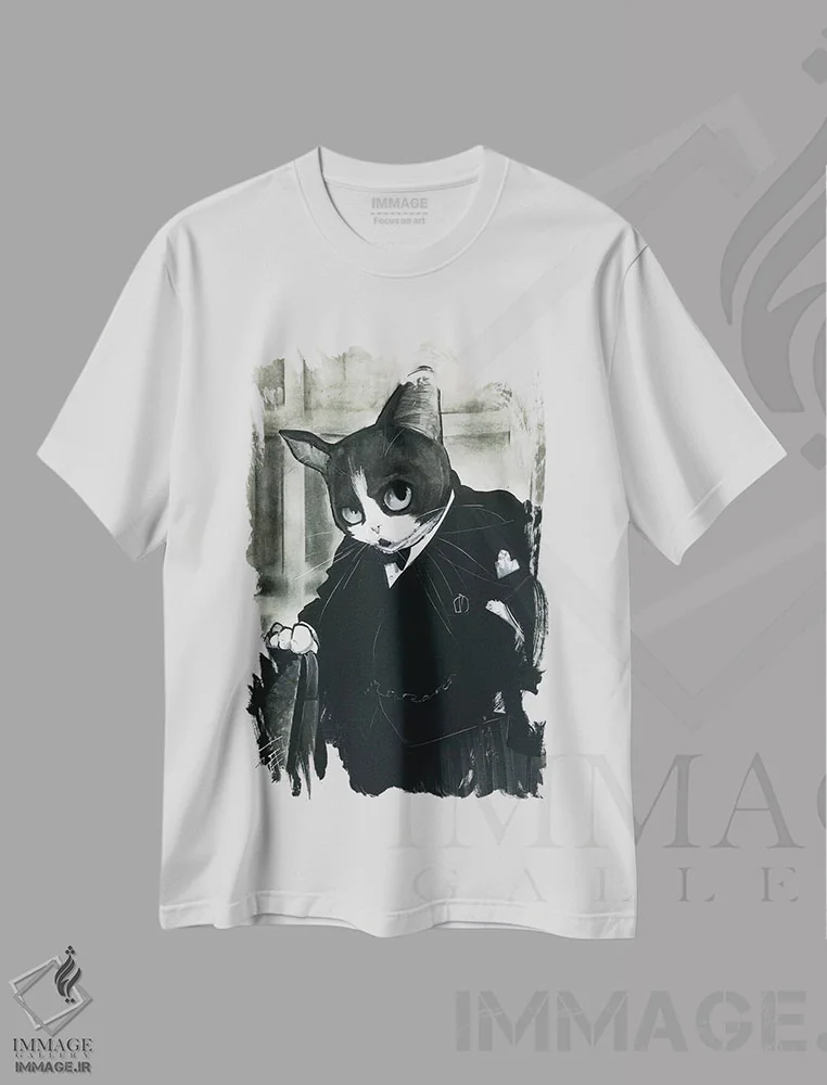 تیشرت سفید طرح دار گربه چرچیل اثر کاریکاتورهای سگ | immage.ir