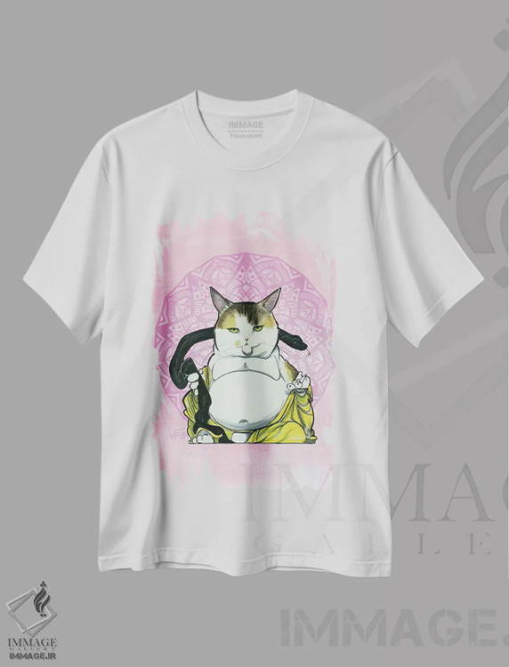 تیشرت سفید طرح دار گربه بودای مراقبه گر، تزئینی اثر کاریکاتورهای سگ | immage.ir