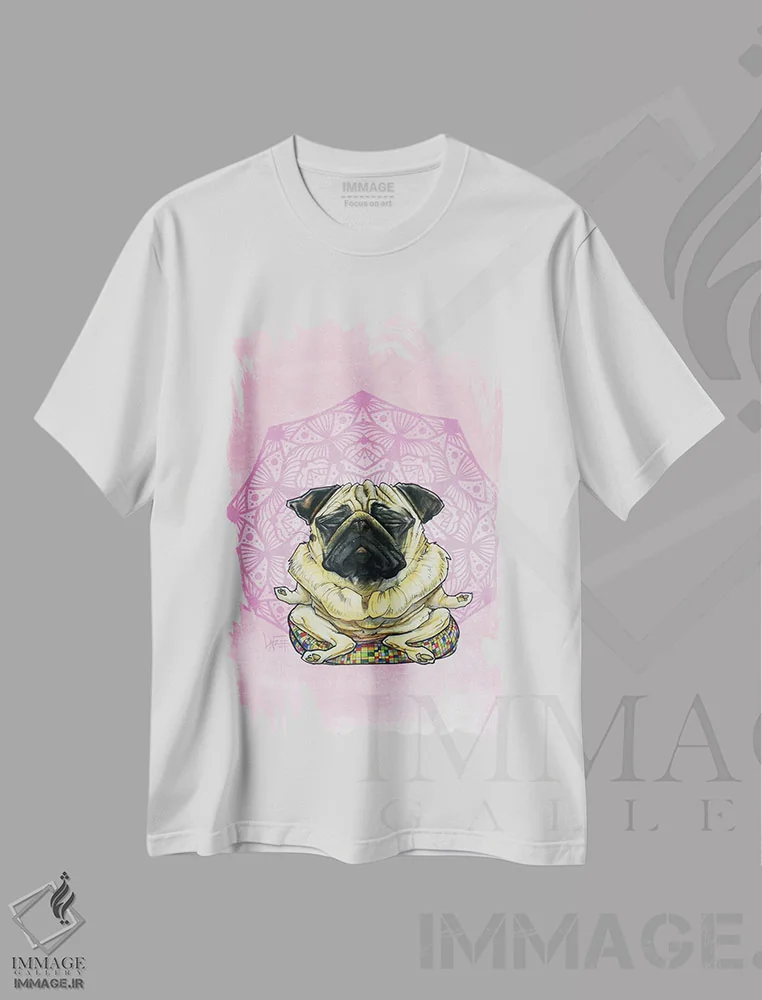 تیشرت سفید طرح دار پاگ مراقبه گر اثر کاریکاتورهای سگ | immage.ir