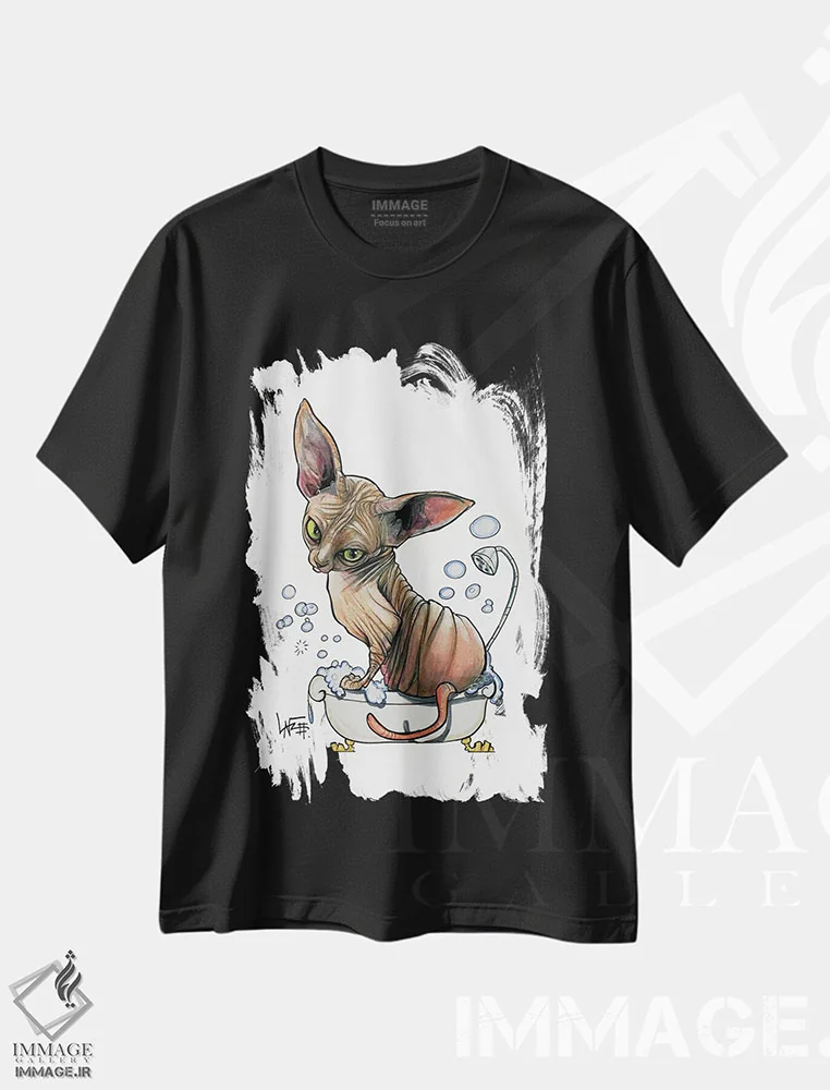 تیشرت مشکی طرح دار اسفینکس در وان کف آلود اثر کاریکاتورهای سگ | immage.ir