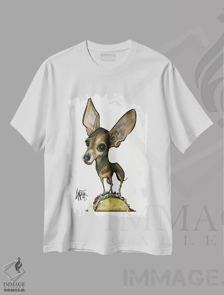 تیشرت سفید طرح دار چیواوا تاکو اثر کاریکاتورهای سگ | immage.ir