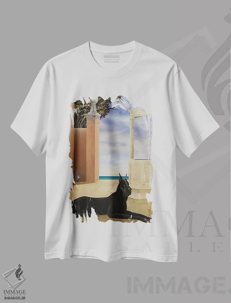 تیشرت سفید طرح دار دانمارکی بزرگ کنار چاه، هنر فاخر معاصر اثر چکو مارینیلو | فروشگاه ایماژ