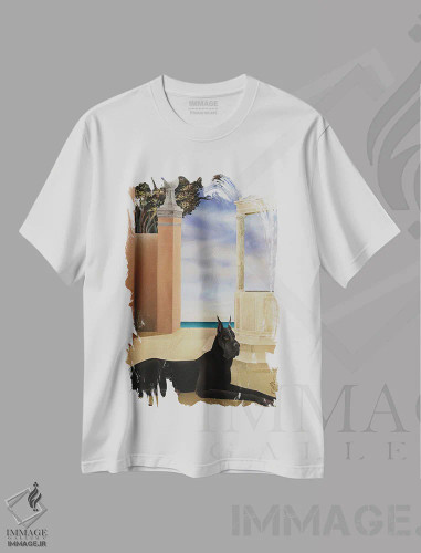 تیشرت سفید طرح دار دانمارکی بزرگ کنار چاه، هنر فاخر معاصر اثر چکو مارینیلو | فروشگاه ایماژ