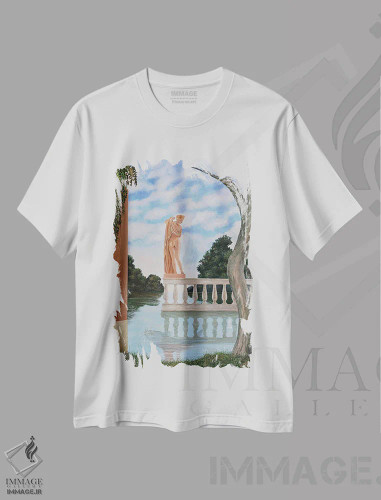 تیشرت سفید طرح دار آفرودیت و گربه ماهی، هنر فاخر معاصر اثر چکو مارینیلو | فروشگاه ایماژ