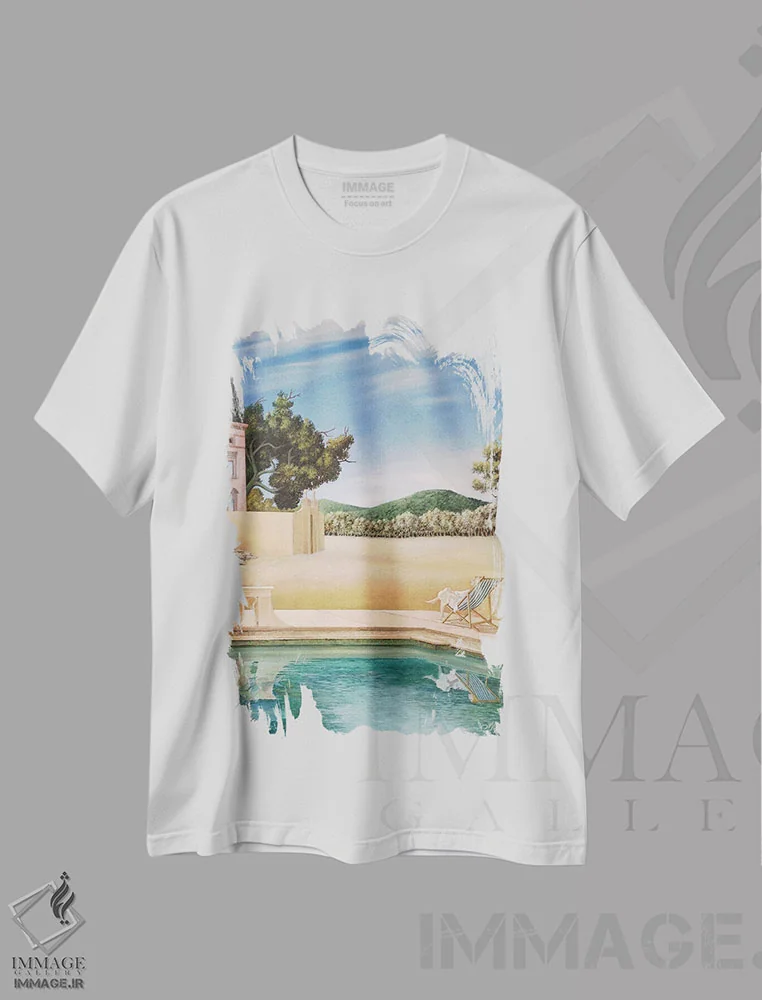 تیشرت سفید طرح دار خانه پشت تپه ها، هنر فاخر معاصر اثر چکو مارینیلو | immage.ir