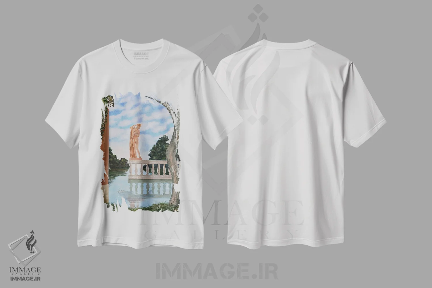 تیشرت سفید طرح دار آفرودیت و گربه ماهی، هنر فاخر معاصر اثر چکو مارینیلو | فروشگاه ایماژ