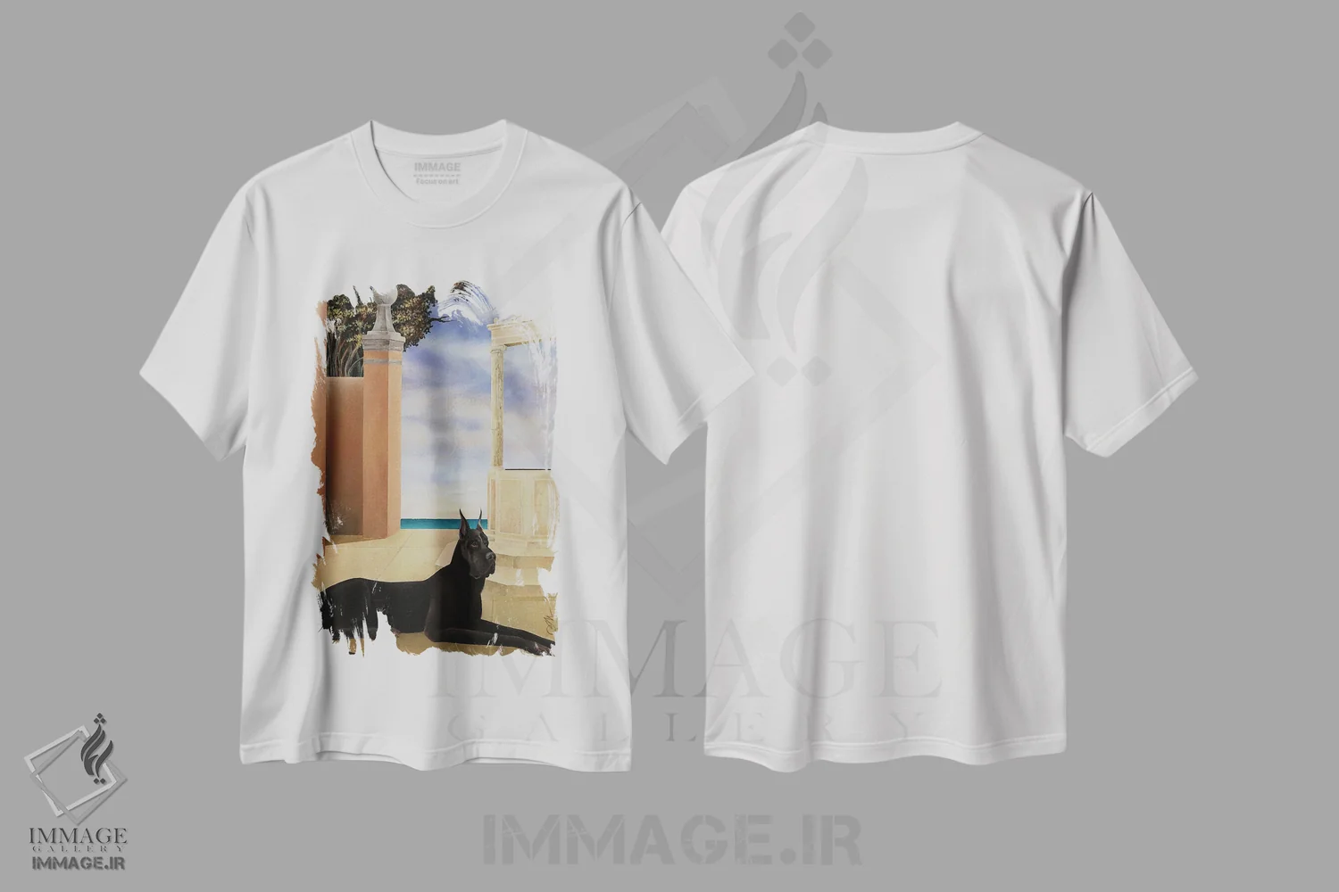 تیشرت سفید طرح دار دانمارکی بزرگ کنار چاه، هنر فاخر معاصر اثر چکو مارینیلو | فروشگاه ایماژ