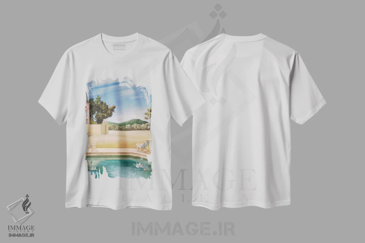 تیشرت سفید طرح دار خانه پشت تپه ها، هنر فاخر معاصر اثر چکو مارینیلو | immage.ir