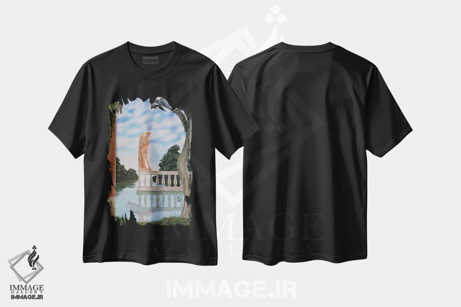 تیشرت مشکی طرح دار آفرودیت و گربه ماهی، هنر فاخر معاصر اثر چکو مارینیلو | immage.ir