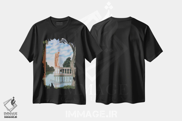 تیشرت مشکی طرح دار آفرودیت و گربه ماهی، هنر فاخر معاصر اثر چکو مارینیلو | immage.ir