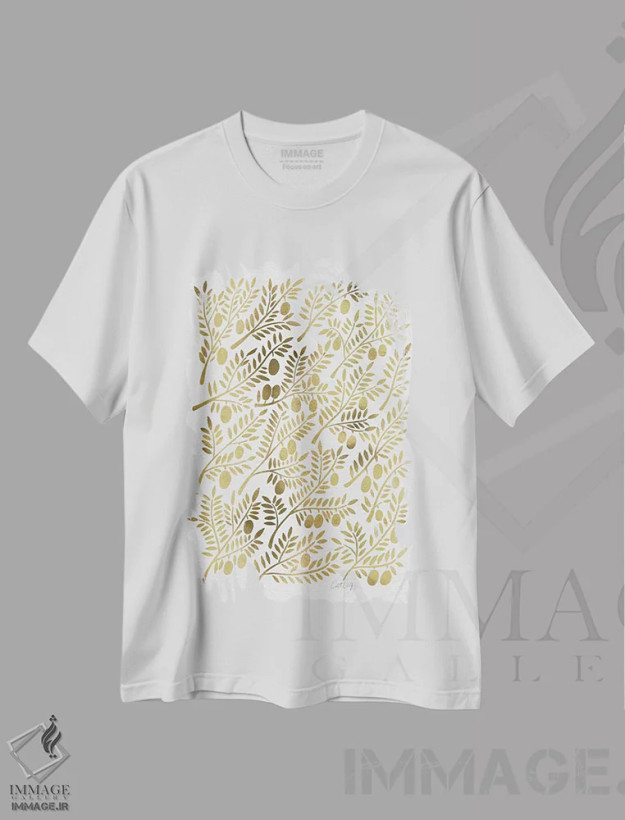 تیشرت سفید طرح دار شاخه های زیتون طلایی، تزئینی اثر کت کوکیلت | فروشگاه ایماژ