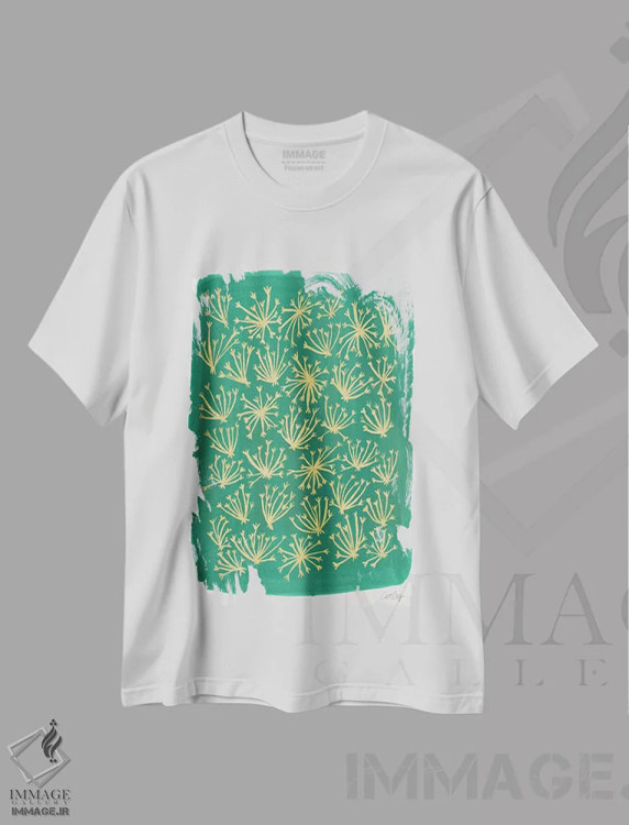 تیشرت سفید طرح دار گیاه ملکه آن سبز، آبستره اثر کت کوکیلت | فروشگاه ایماژ