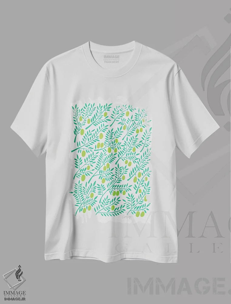 تیشرت سفید طرح دار شاخه های زیتون سبز، تزئینی اثر کت کوکیلت | فروشگاه ایماژ