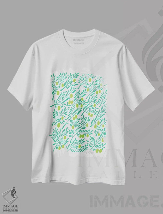 تیشرت سفید طرح دار شاخه های زیتون سبز، تزئینی اثر کت کوکیلت | فروشگاه ایماژ