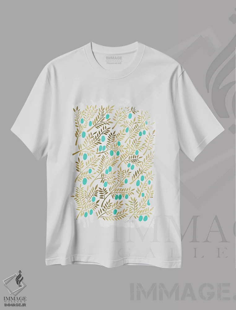 تیشرت سفید طرح دار شاخه های زیتون فیروزه ای، دکور ساحلی اثر کت کوکیلت | immage.ir
