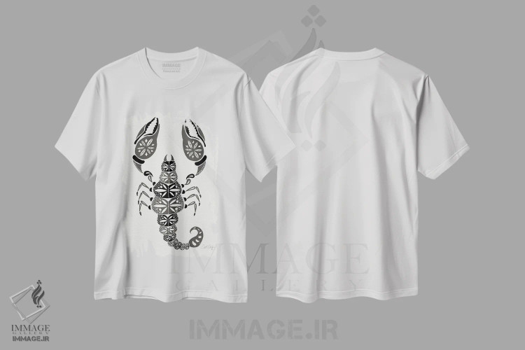 تیشرت سفید طرح دار عقرب خاکستری، هنر تزئینی سیاه و سفید اثر کت کوکیلت | فروشگاه ایماژ