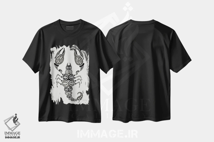 تیشرت مشکی طرح دار عقرب خاکستری، هنر تزئینی سیاه و سفید اثر کت کوکیلت | immage.ir