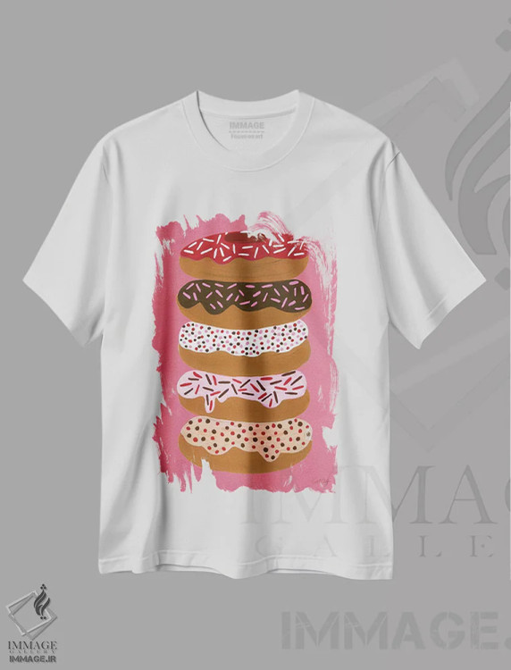 تیشرت سفید طرح دار دونات های لایه ای گیلاس، دکور معاصر اثر کت کوکیلت | فروشگاه ایماژ