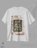 تیشرت سفید طرح دار غذا و سفر، دکور معاصر اثر کت کوکیلت | فروشگاه ایماژ