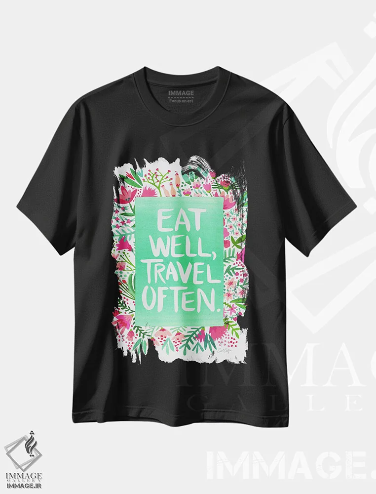 تیشرت مشکی طرح دار غذا و سفر سفید، دکور معاصر اثر کت کوکیلت | فروشگاه ایماژ
