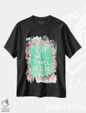 تیشرت مشکی طرح دار غذا و سفر سفید، دکور معاصر اثر کت کوکیلت | فروشگاه ایماژ