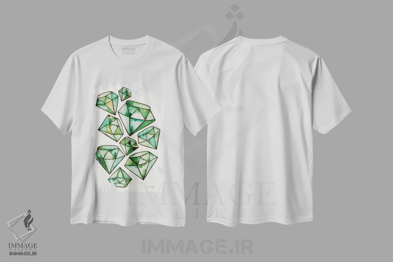 تیشرت سفید طرح دار خالکوبی یاقوت سبز، تزئینی اثر کت کوکیلت | immage.ir