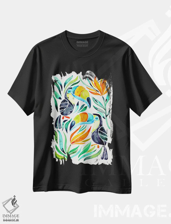 تیشرت مشکی طرح دار توکان های رنگارنگ ۱، دکور ساحلی اثر کت کوکیلت | فروشگاه ایماژ