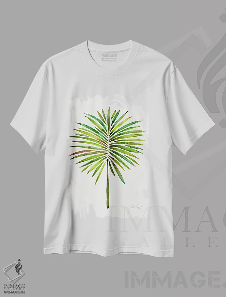 تیشرت سفید طرح دار نخل بادبزنی ۱، دکور ساحلی اثر کت کوکیلت | immage.ir