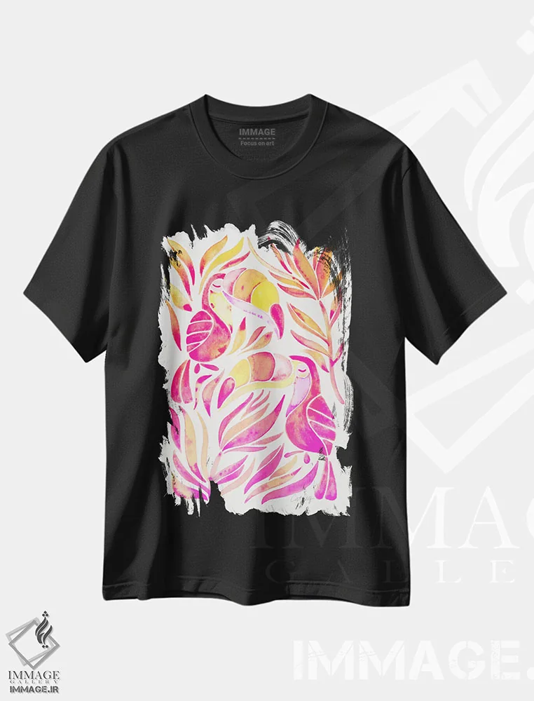 تیشرت مشکی طرح دار توکان های رنگارنگ ۲، دکور ساحلی اثر کت کوکیلت | immage.ir