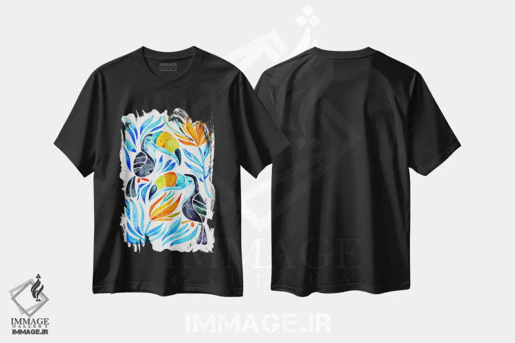 تیشرت مشکی طرح دار توکان های رنگارنگ ۳، دکور ساحلی اثر کت کوکیلت | فروشگاه ایماژ