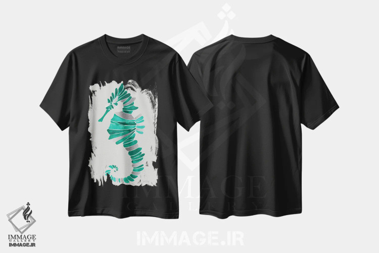 تیشرت مشکی طرح دار اسب دریایی تنها، دکور ساحلی اثر کت کوکیلت | immage.ir