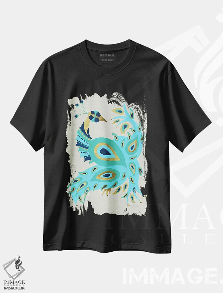 تیشرت مشکی طرح دار طاووس ۱، دکور معاصر اثر کت کوکیلت | فروشگاه ایماژ
