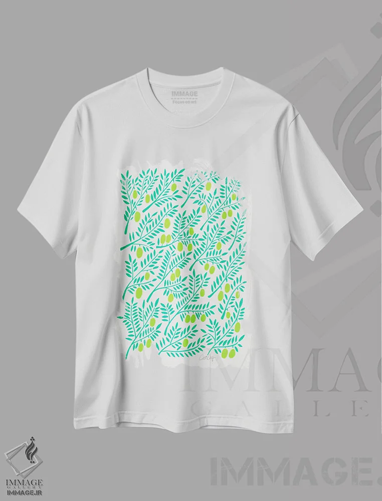 تیشرت سفید طرح دار شاخه های زیتون ۲، دکور معاصر اثر کت کوکیلت | immage.ir