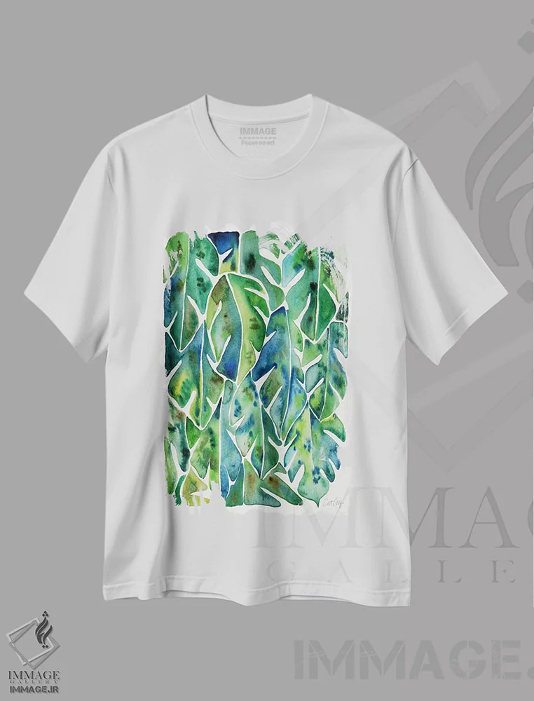 تیشرت سفید طرح دار فیلودندرون ۱، دکور ساحلی اثر کت کوکیلت | فروشگاه ایماژ