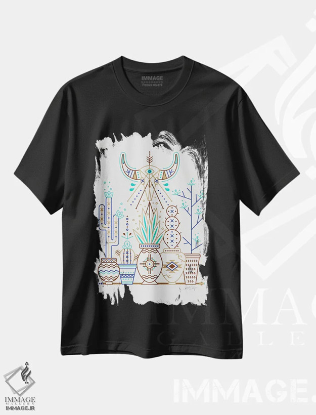 تیشرت مشکی طرح دار باغ سانتا فه I، دکور معاصر اثر کت کوکیلت | فروشگاه ایماژ