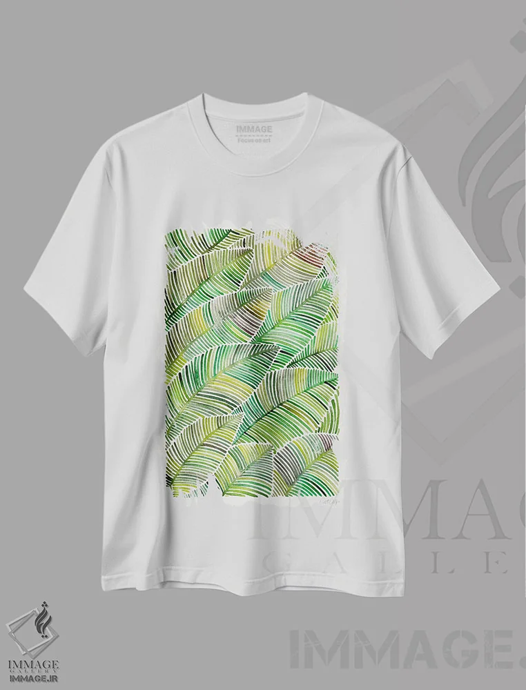 تیشرت سفید طرح دار برگ های استوایی IV، دکور ساحلی اثر کت کوکیلت | فروشگاه ایماژ