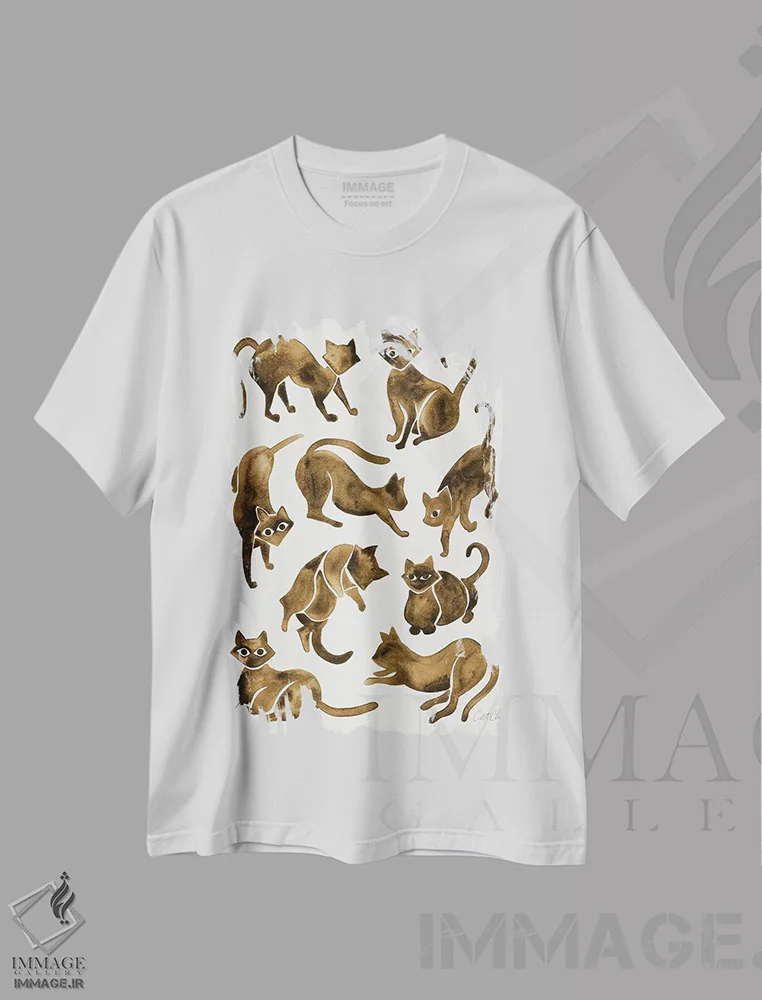 تیشرت سفید طرح دار Sepia,حالت های گربه، قهوه ای سیر، تزئینی اثر کت کوکیلت | فروشگاه ایماژ