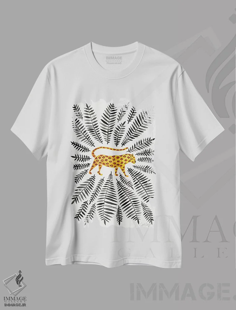 تیشرت سفید طرح دار Black Leaves,پلنگ با برگ های سیاه اثر کت کوکیلت | immage.ir
