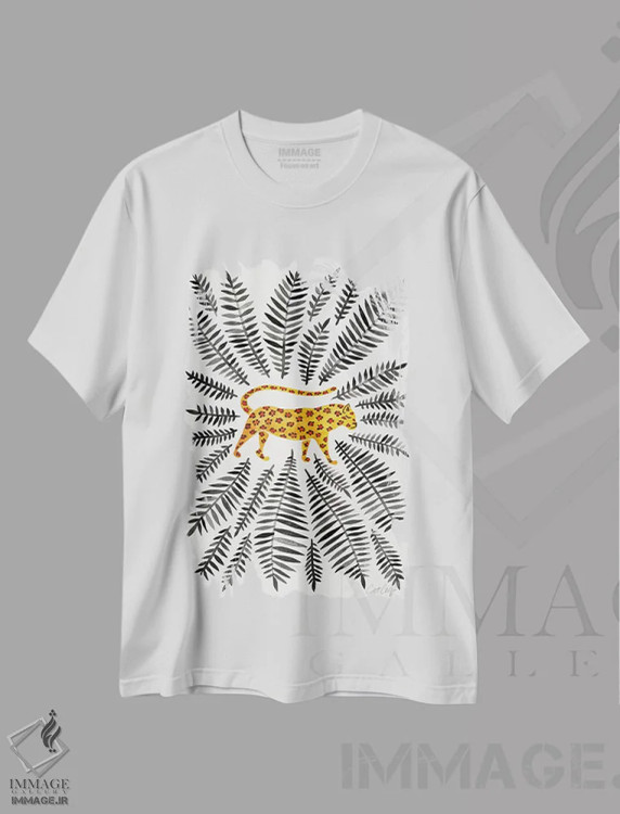تیشرت سفید طرح دار Black Leaves,پلنگ با برگ های سیاه اثر کت کوکیلت | immage.ir