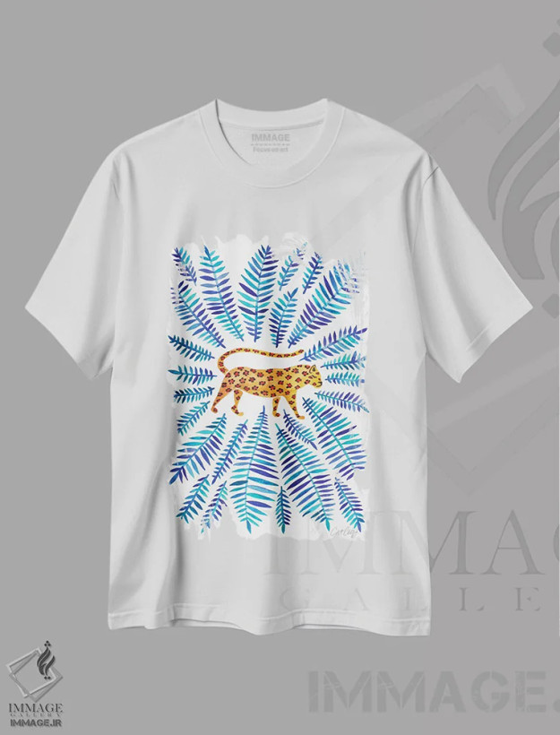 تیشرت سفید طرح دار Blue Leaves,پلنگ با برگ های آبی، تزئینی اثر کت کوکیلت | فروشگاه ایماژ