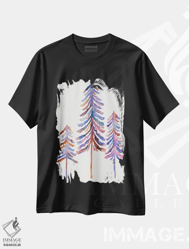 تیشرت مشکی طرح دار 90s Palette,درختان کاج، پالت دهه ۹۰، تزئینی اثر کت کوکیلت | فروشگاه ایماژ