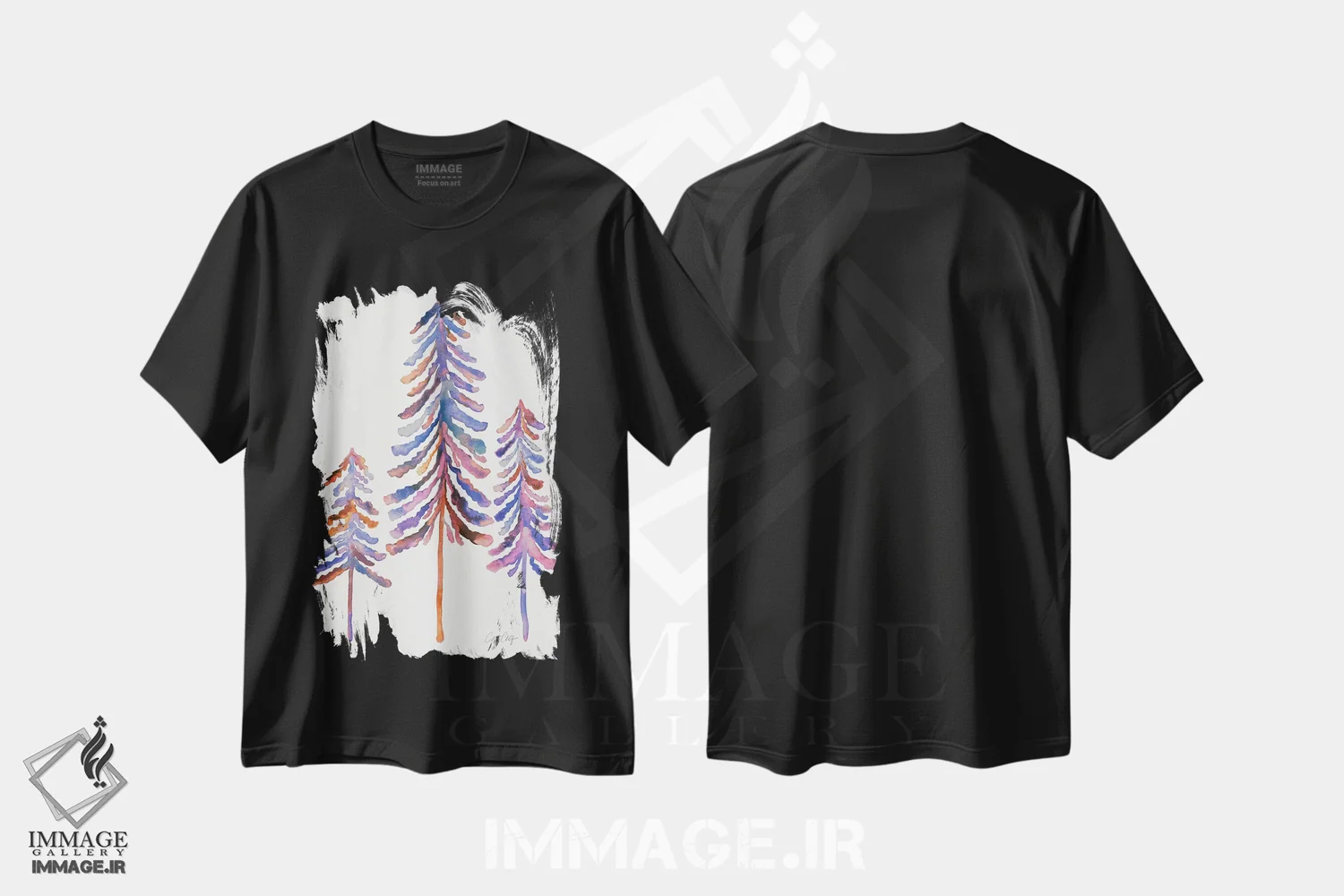 تیشرت مشکی طرح دار 90s Palette,درختان کاج، پالت دهه ۹۰، تزئینی اثر کت کوکیلت | فروشگاه ایماژ