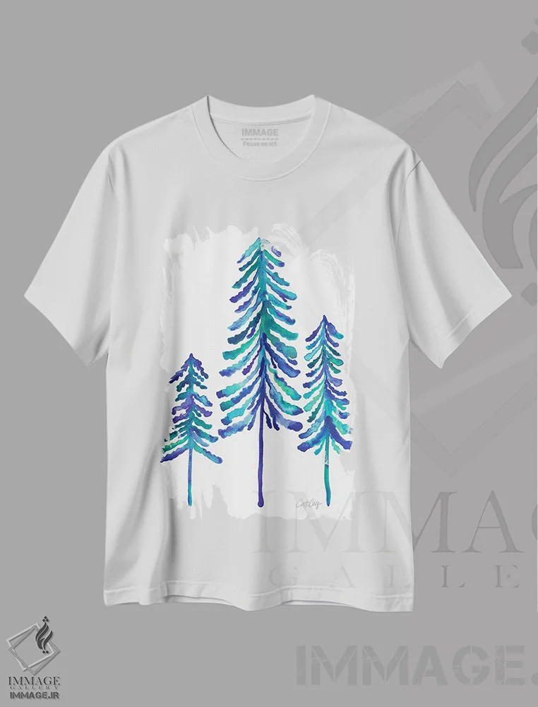 تیشرت سفید طرح دار Blue,درختان کاج، آبی، تزئینی اثر کت کوکیلت | فروشگاه ایماژ