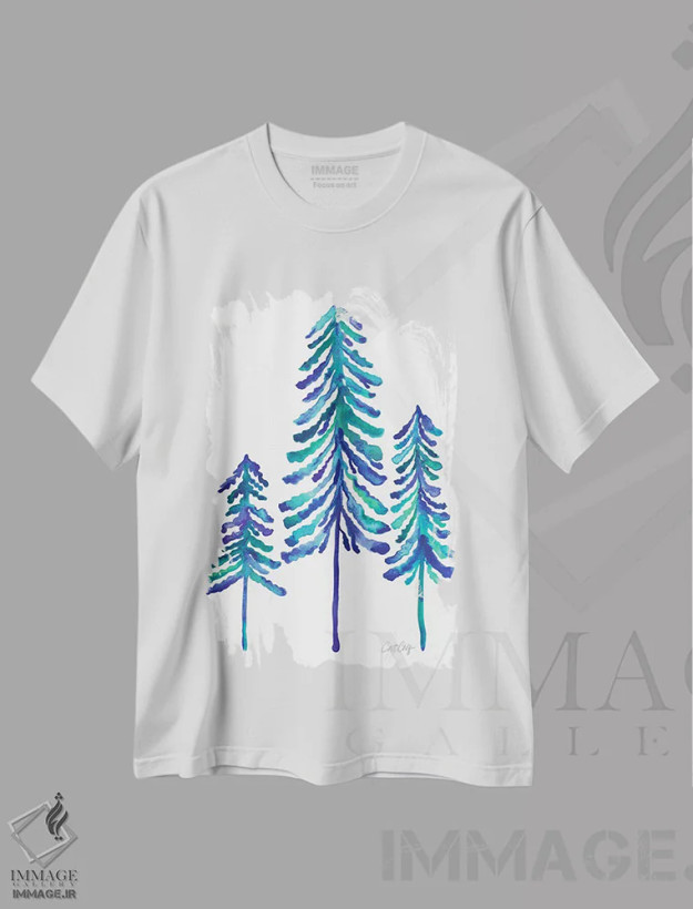 تیشرت سفید طرح دار Blue,درختان کاج، آبی، تزئینی اثر کت کوکیلت | فروشگاه ایماژ